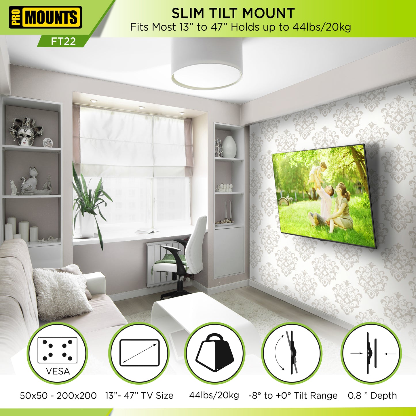 ProMounts Tilting TV Wall Mount for 13" to 47" TVs, Holds up to 44lbs (FT22)