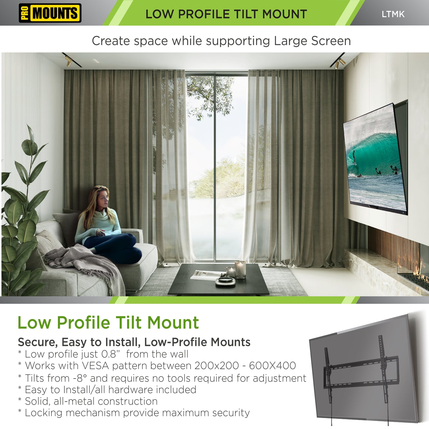 ProMounts Tilting TV Wall Mount for 42"-75" Screens Holds up to 100 lbs with HDMI Cable and Screen Cleaner (LTMK)