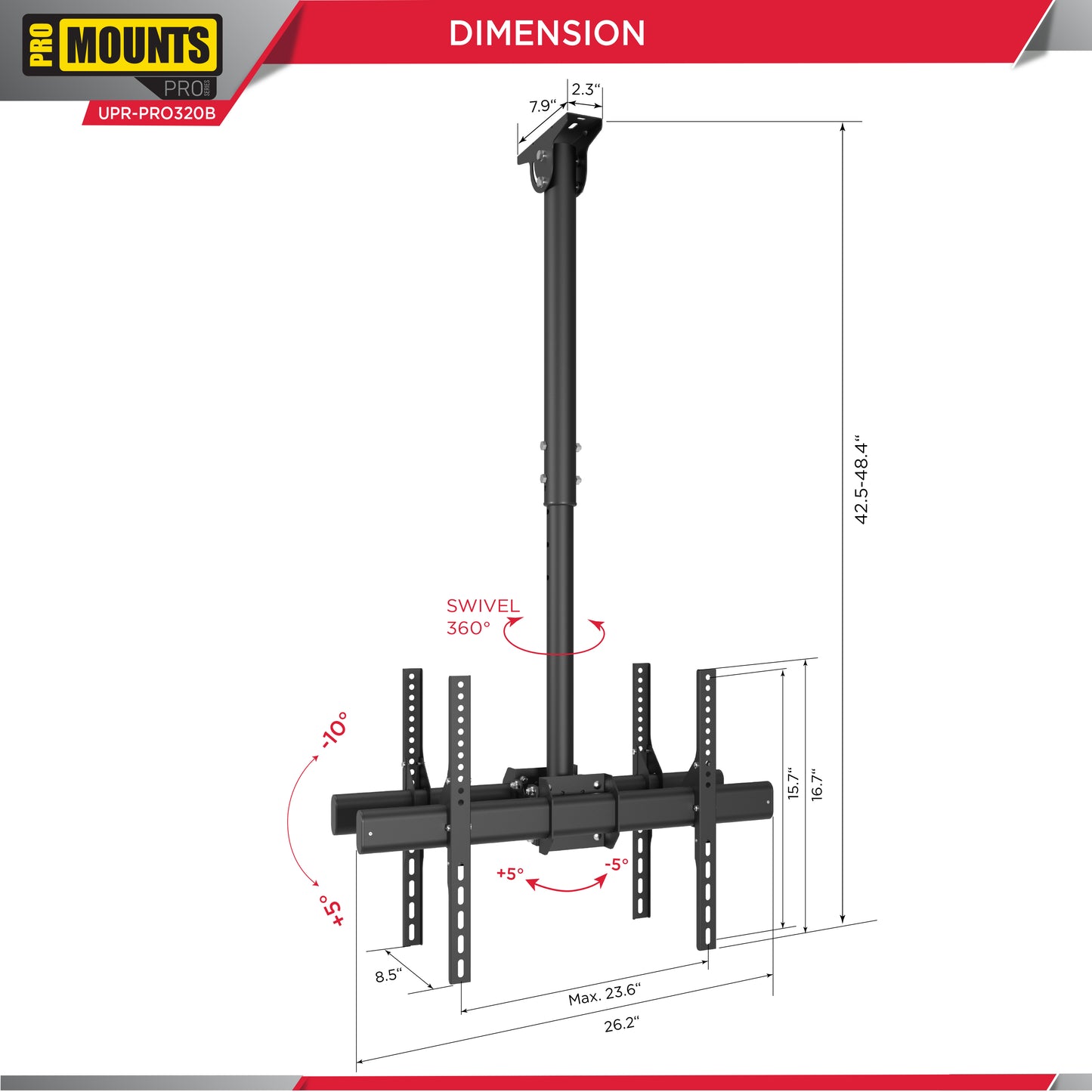 ProMounts Double Sided TV Ceiling Mount for 32”-85” Screens Holds up to 88 lbs on Each Side (UC-PRO320B)