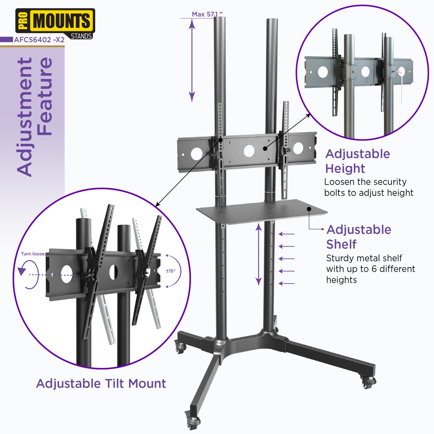 ProMount Rolling TV Stand with Mount and Adjustable Shelf for 32"-72" TVs, holds up to 110lbs (AFCS6402-02)