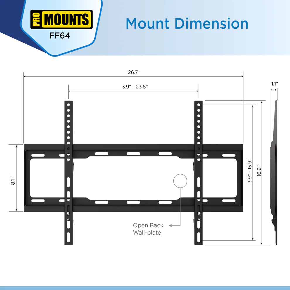 ProMounts Flat / Fixed TV Wall Mount for 42" to 84" TVs, Holds Up to 143lbs (FF64)
