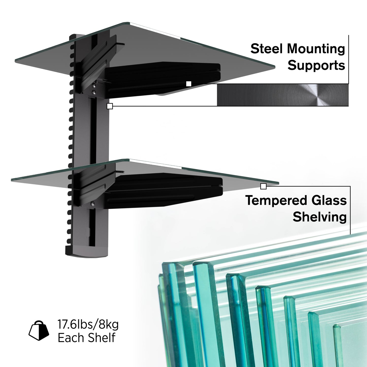ProMounts Durable Double Glass AV Wall Shelf, Supports up to 36lbs (FSH2)