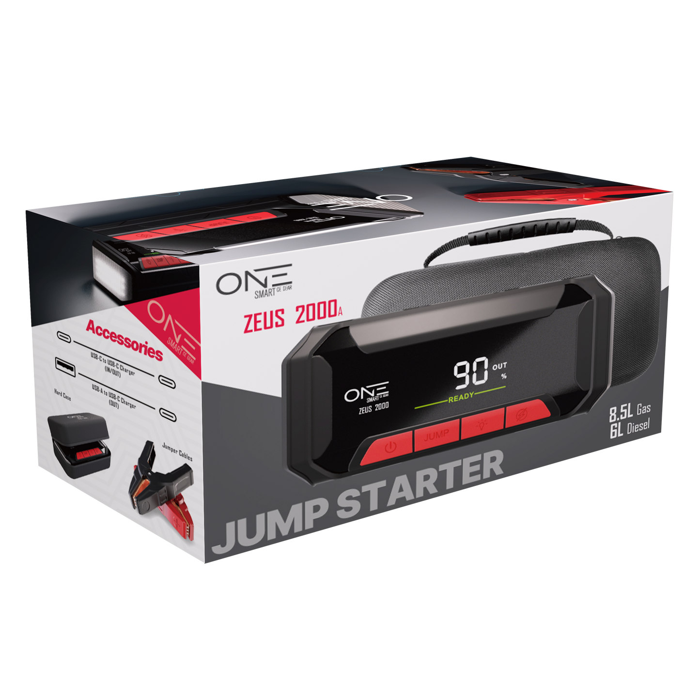 ONE Jump Starter 2000A Peak Battery Pack, Ultrasafe Car Battery Jumpstarter, 12V Jump Box for Battery up to 8.5L Gas/6L Diesel Engine, Battery Booster 65W Fast Charger, Portable Hard Case/Dust Tight(OAJS-2001)