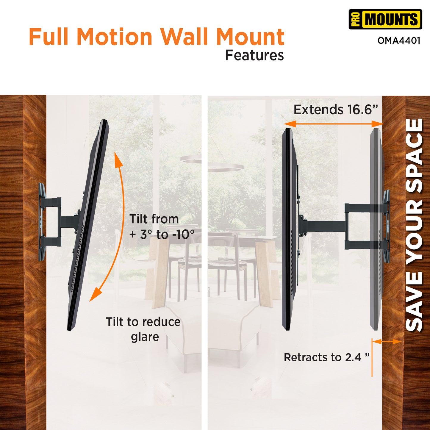 ProMounts Articulating Full Motion TV Wall Mount for 24’’- 60’’ TVs Holds up to 88lbs (OMA4401)