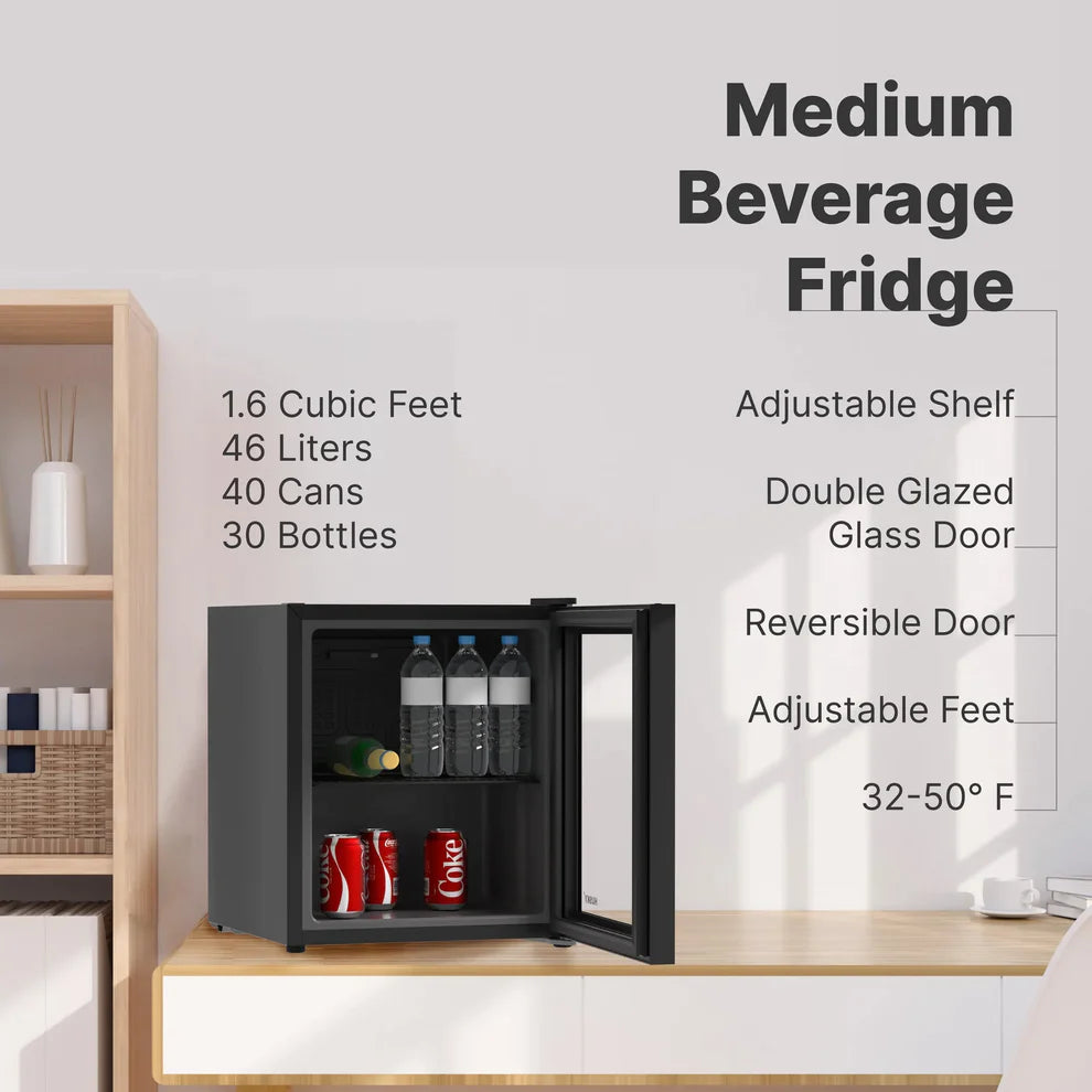 Husky 46L Beverage Refrigerator 1.6 C.ft. Freestanding Counter-Top Mini Fridge With Glass Door in Black