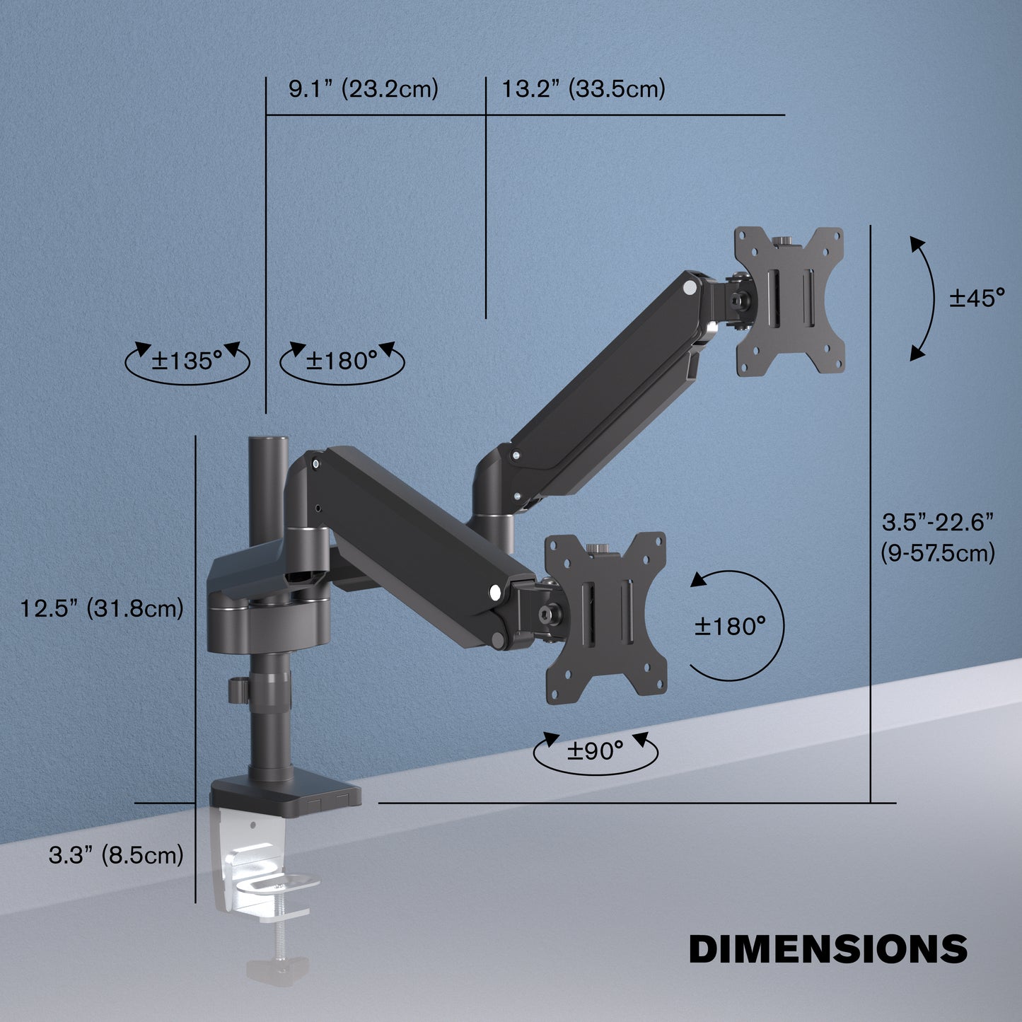 ProMounts Landscape to Portrait Double Monitor Arms for 13" to 32" Screens Holds up to 17.6 lbs