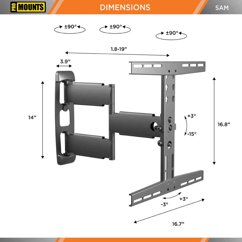ProMounts Articulating / Full Motion TV Wall Mount for 30" to 65" TVs, Holds Up to 80lbs (SAM)
