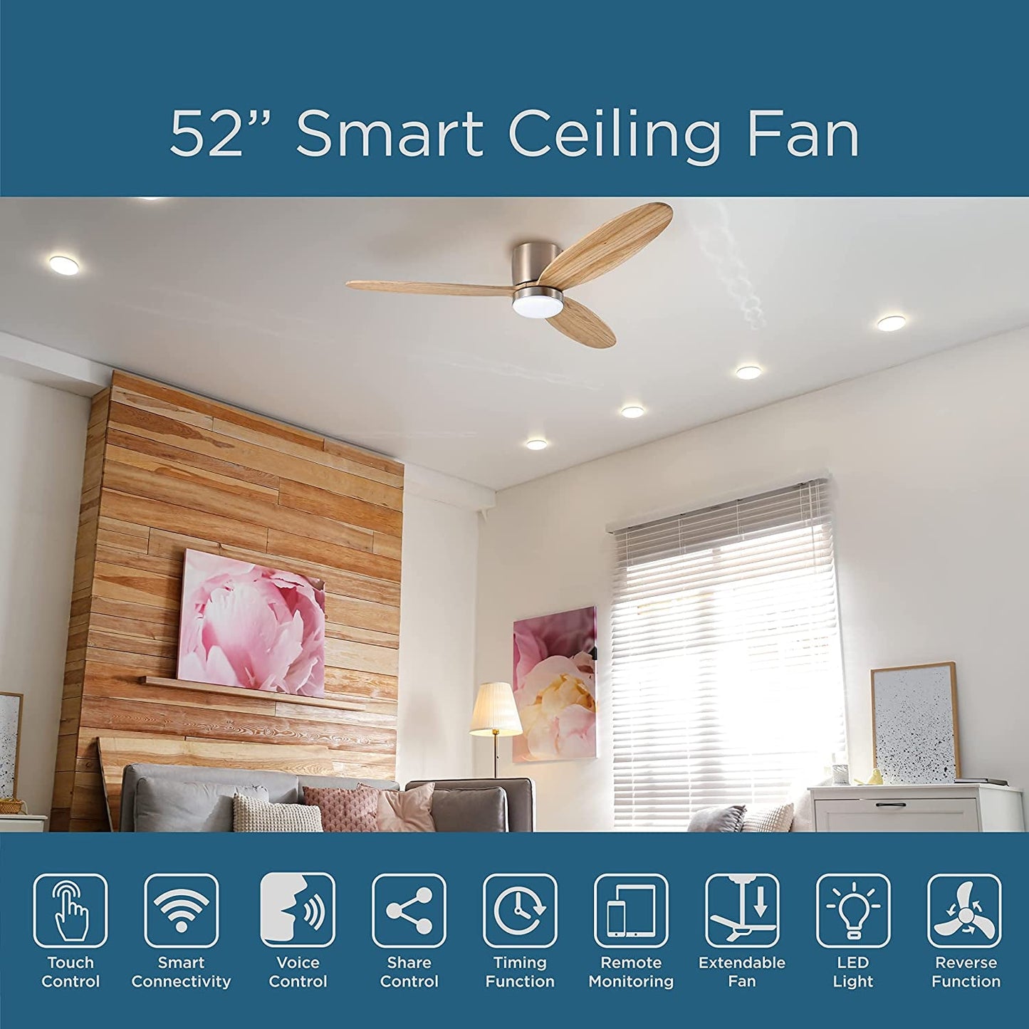 Smart Ceiling Fan 52" 3-Blade with LED Lights, High-Powered Quiet Fan with 6 Speeds and Reverse Function, Wifi Control Fan with 3 Color Temperatures, Works with Tuya Smart, Alexa and Google