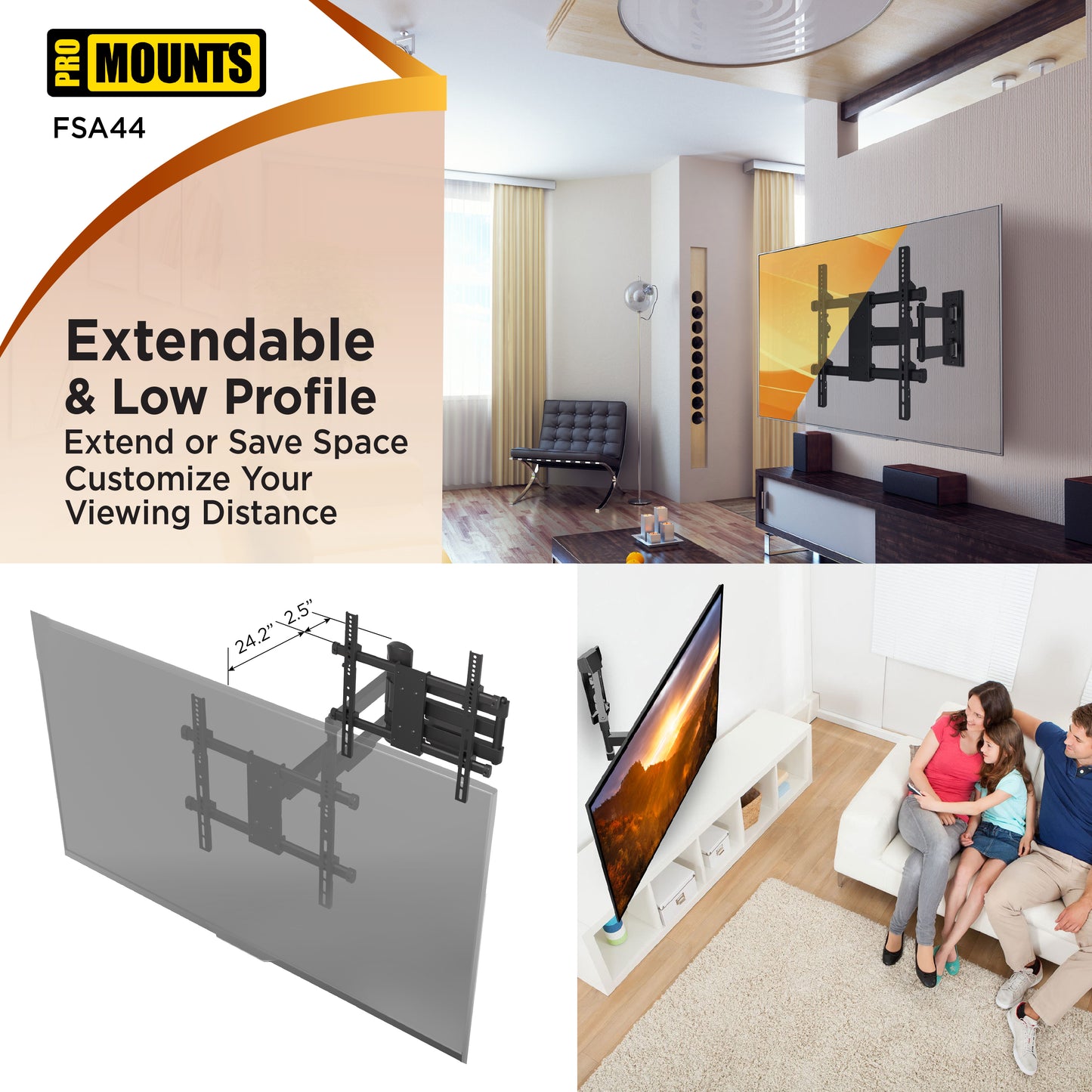 ProMounts Articulating / Full Motion TV Wall Mount for 32" to 65" TVs, Holds up to 80lbs (FSA44)