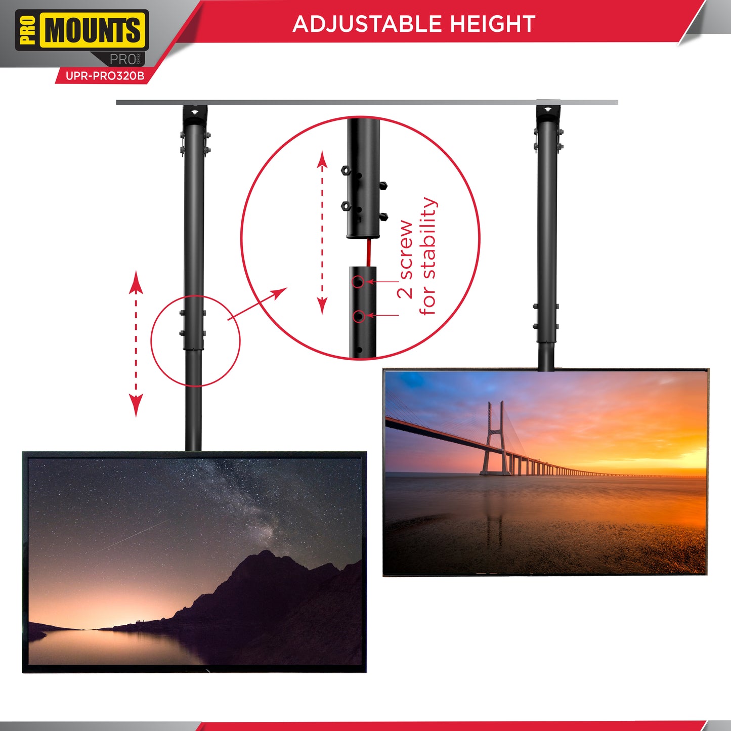 ProMounts Double Sided TV Ceiling Mount for 32”-85” Screens Holds up to 88 lbs on Each Side (UC-PRO320B)
